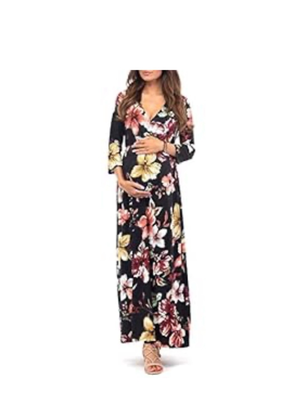 Mother Bee Medium Maternity Maxi Dress - Black with Pink & Yellow Flowers